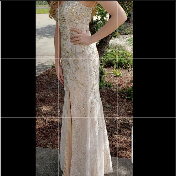 NUDE AND WHITE LACE PROM DRESS WITH BEADING - Picture 3 of 7